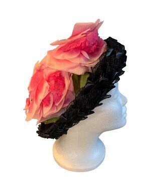 Ladies Pink Silk Flowers on Black Hat Vintage Unionmade Size 22